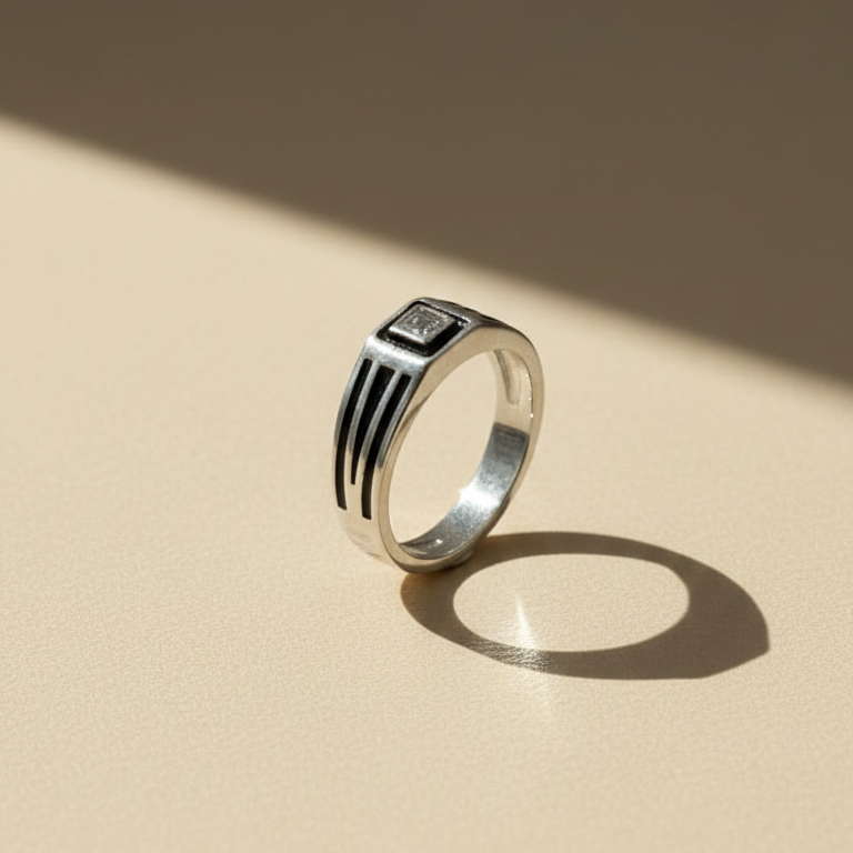 Title: Elegant 925 Sterling Silver Black Enamel Square Zircon Band