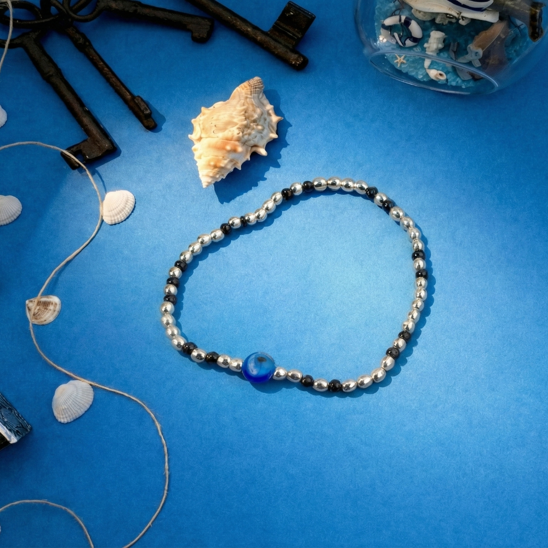 Protective Evil Eye Beaded Silver Bracelet