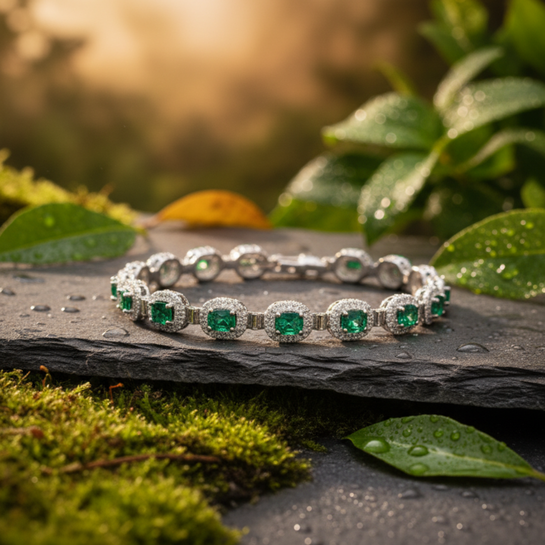 Exquisite Emerald and Diamond Halo Tennis Bracelet