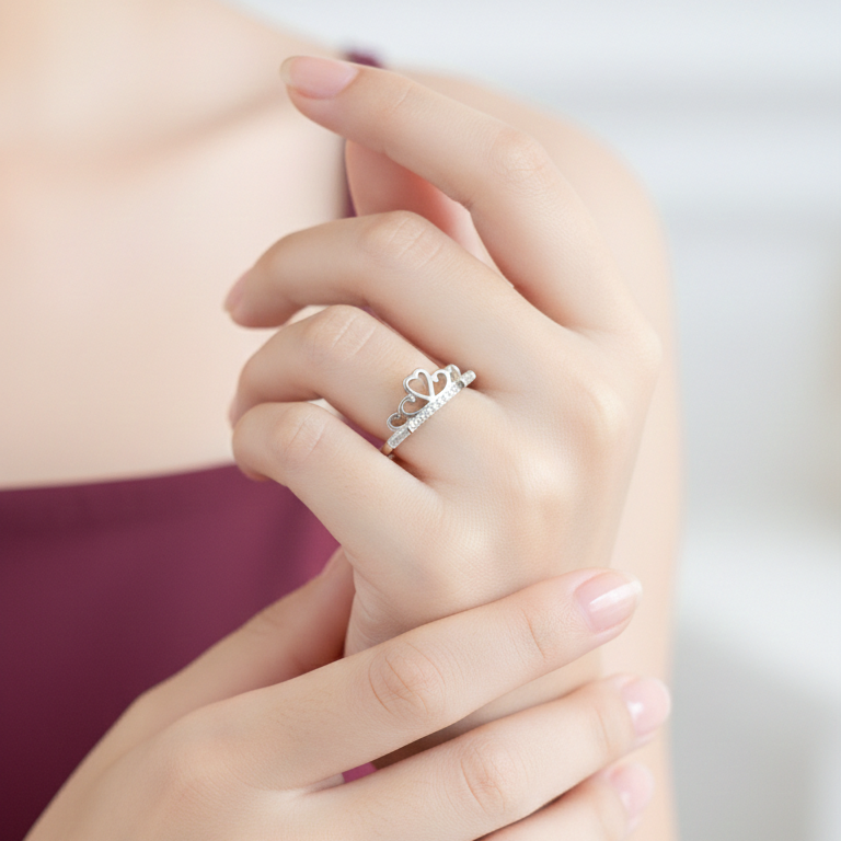 Elegant Silver Heart Crown Ring with Sparkling Accents