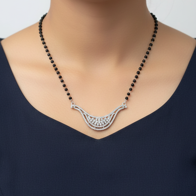 Sparkling Diamond Crescent Mangalsutra in Silver