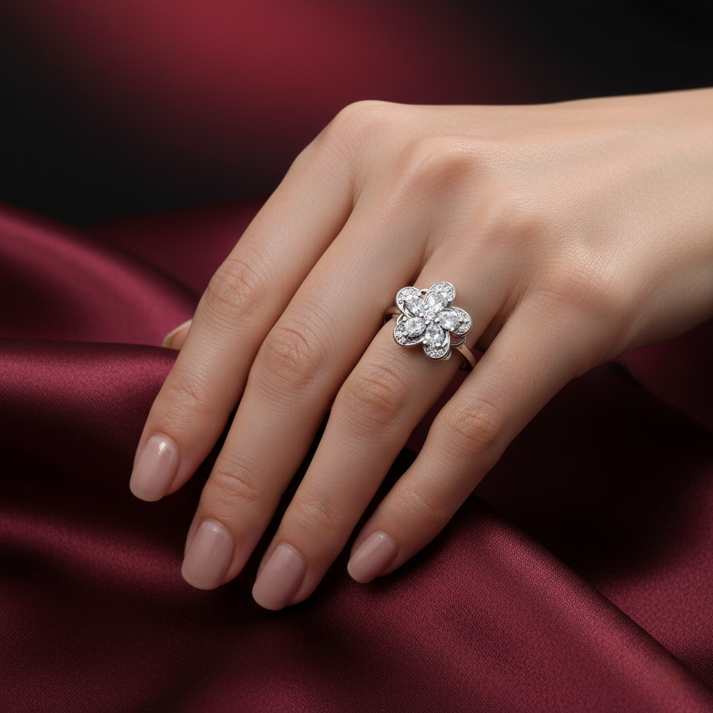 Eternal Bloom Six-Petal Rotating Flower Ring in Sterling Silver