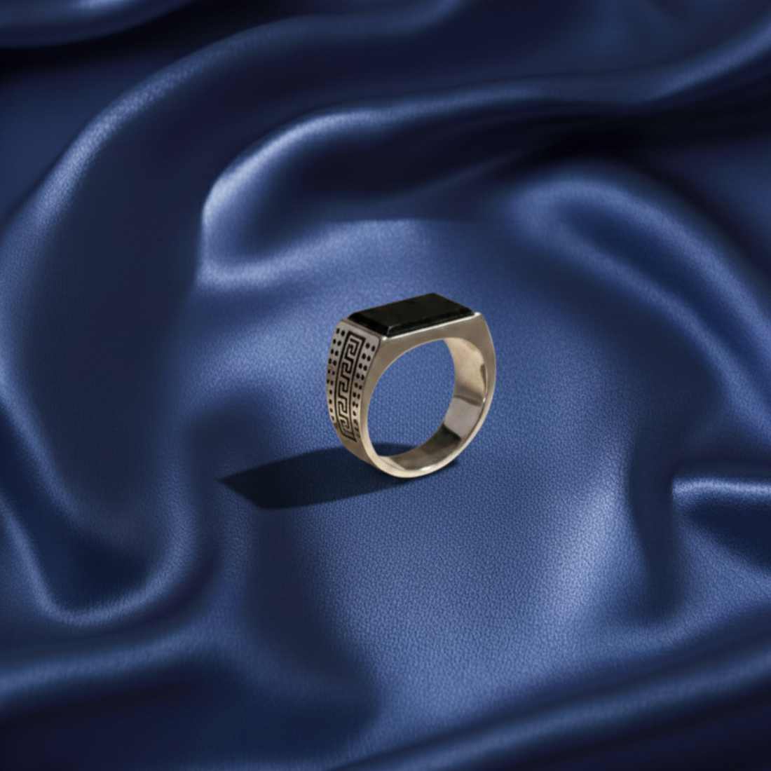 Sleek Silver Signet Ring, Greek Key