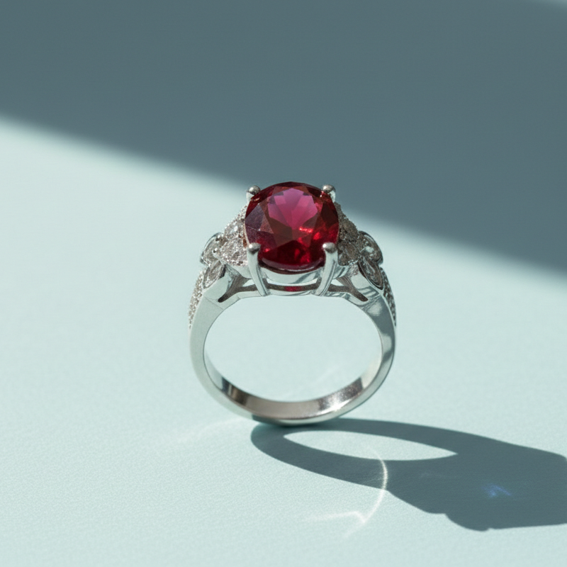 Elegant Oval Ruby Red Gemstone Silver Ring with Crystal Accents