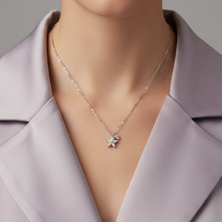 Dainty Silver Floral Marquise Zircon Pendant Necklace