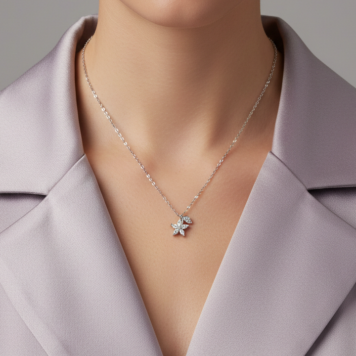 Dainty Silver Floral Marquise Zircon Pendant Necklace