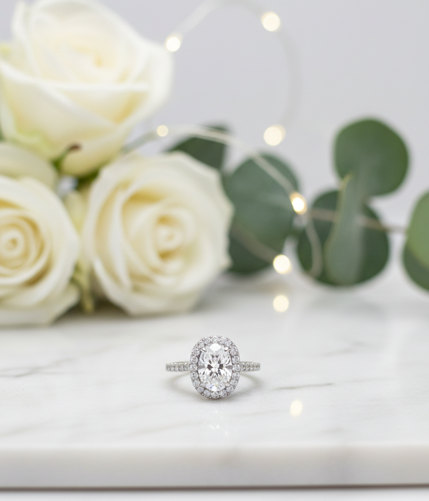 Dazzling Oval Diamond Halo Engagement Ring on a Black Pedestal