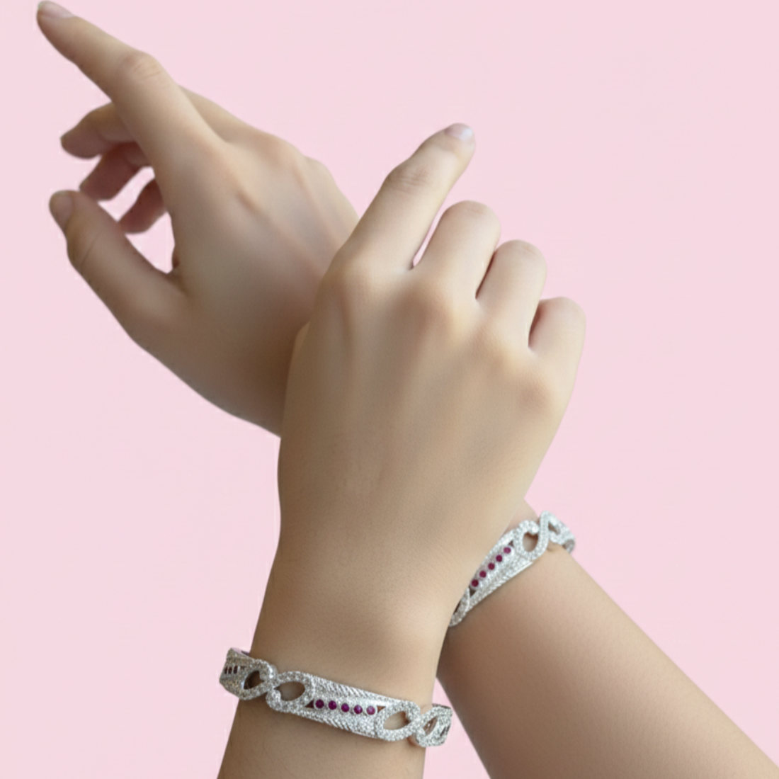 Elegant Ruby Emerald Cutout Silver Bangles