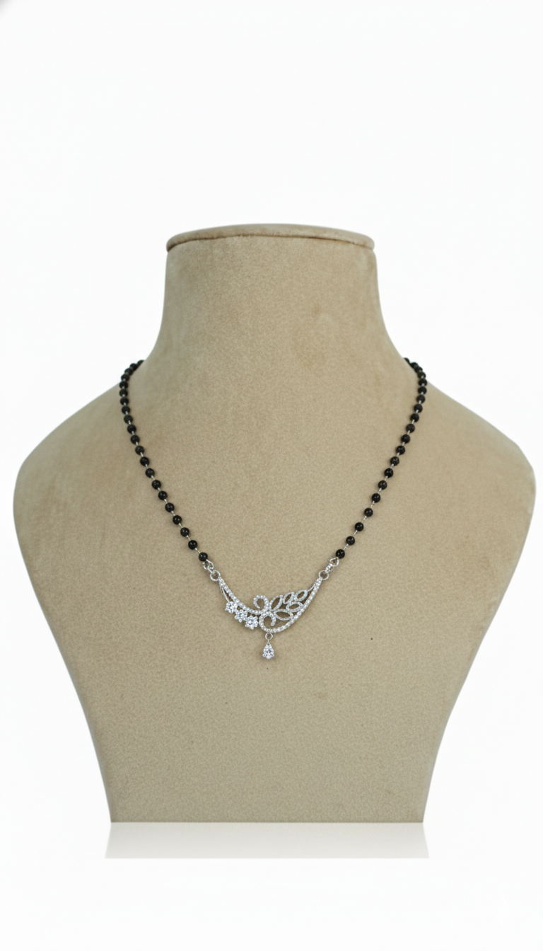 Elegant Floral Diamond Mangalsutra with Pear-Cut Drop in Sterling Silver