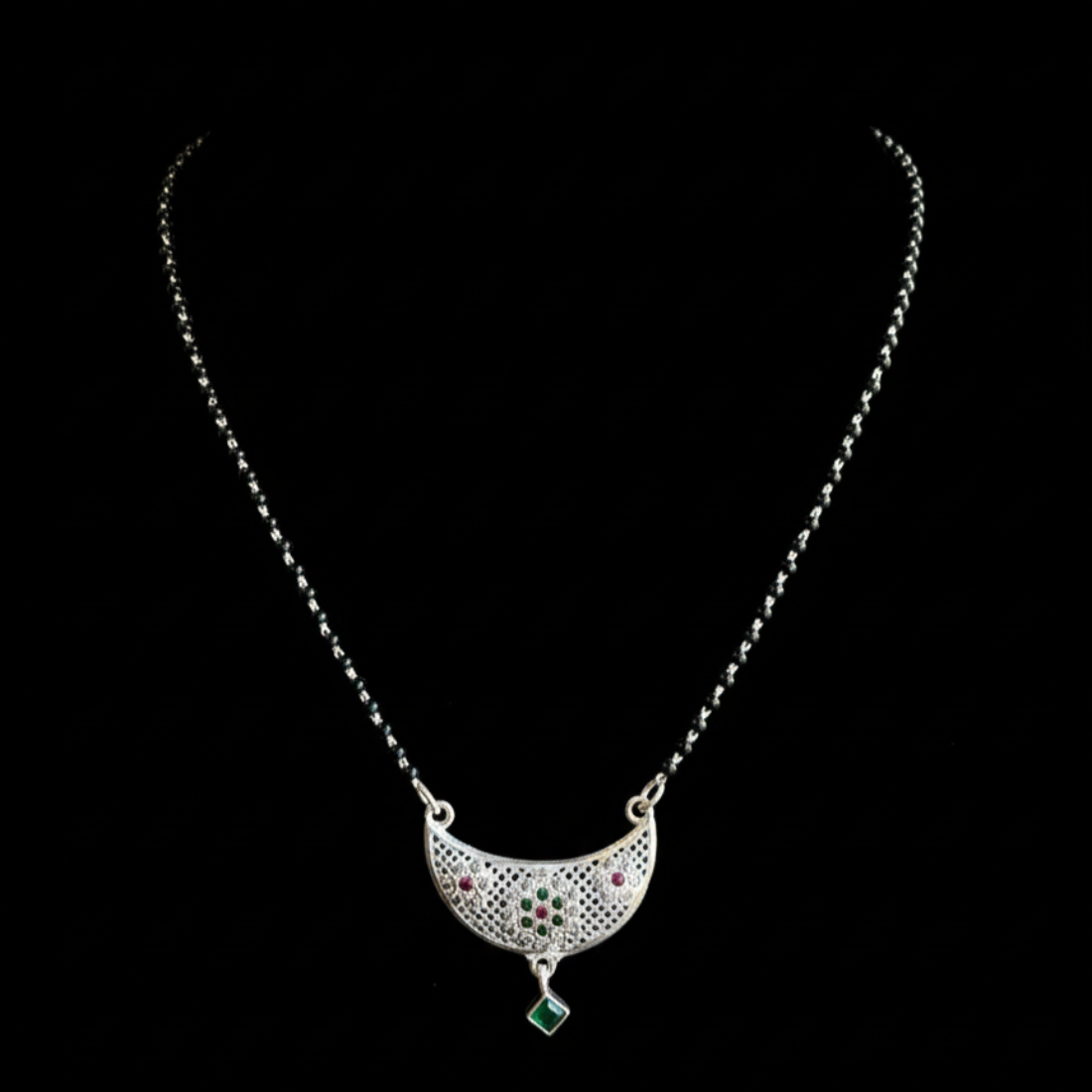 Modern Silver Mangalsutra Emerald Drop Pendant
