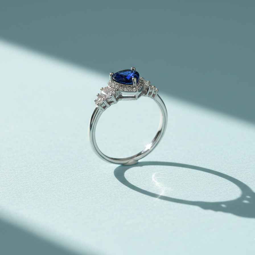 Elegant Silver Heart-Cut Sapphire Blue Stone Ring