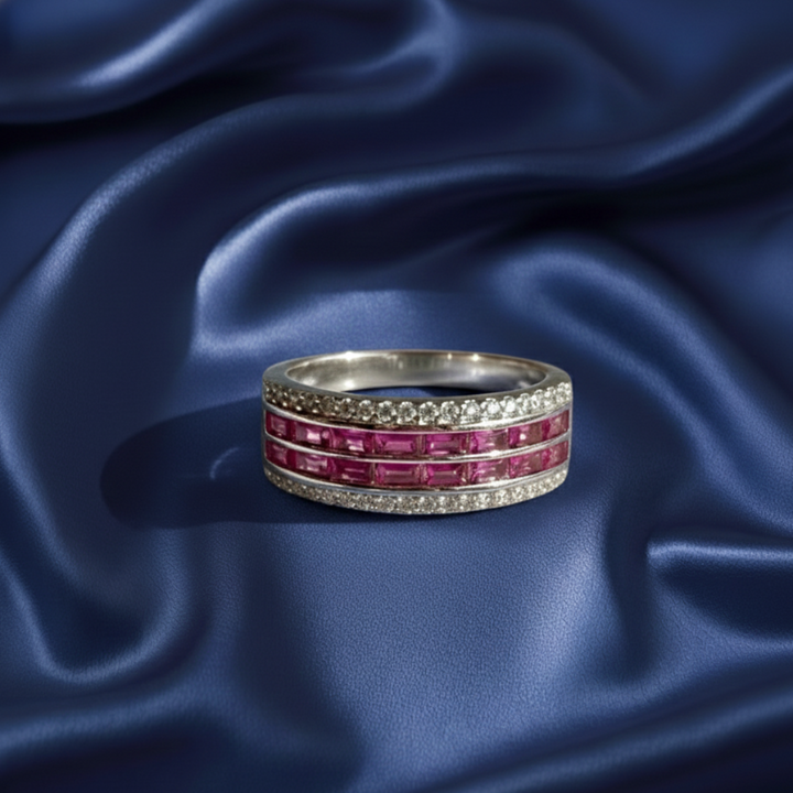 Vibrant Pink Baguette Gemstone Pave Band Ring