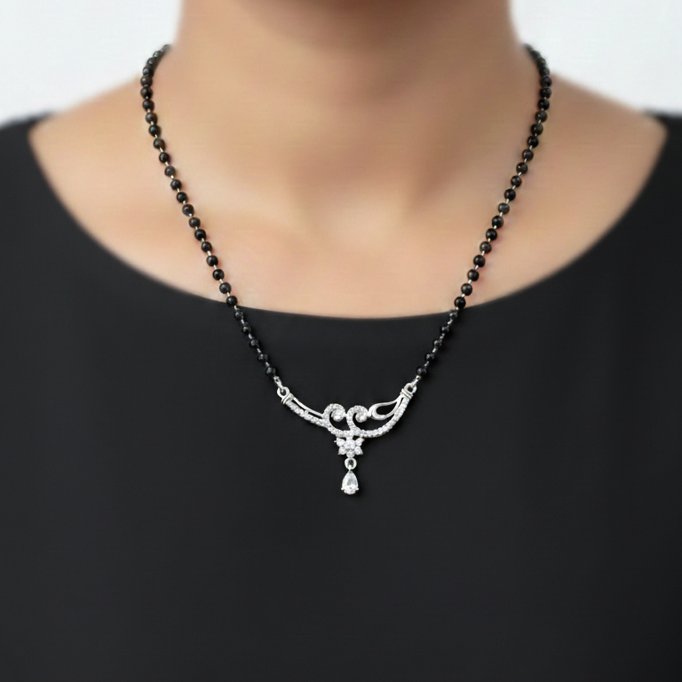 Elegant Diamond-Studded Silver Mangalsutra with Teardrop Pendant