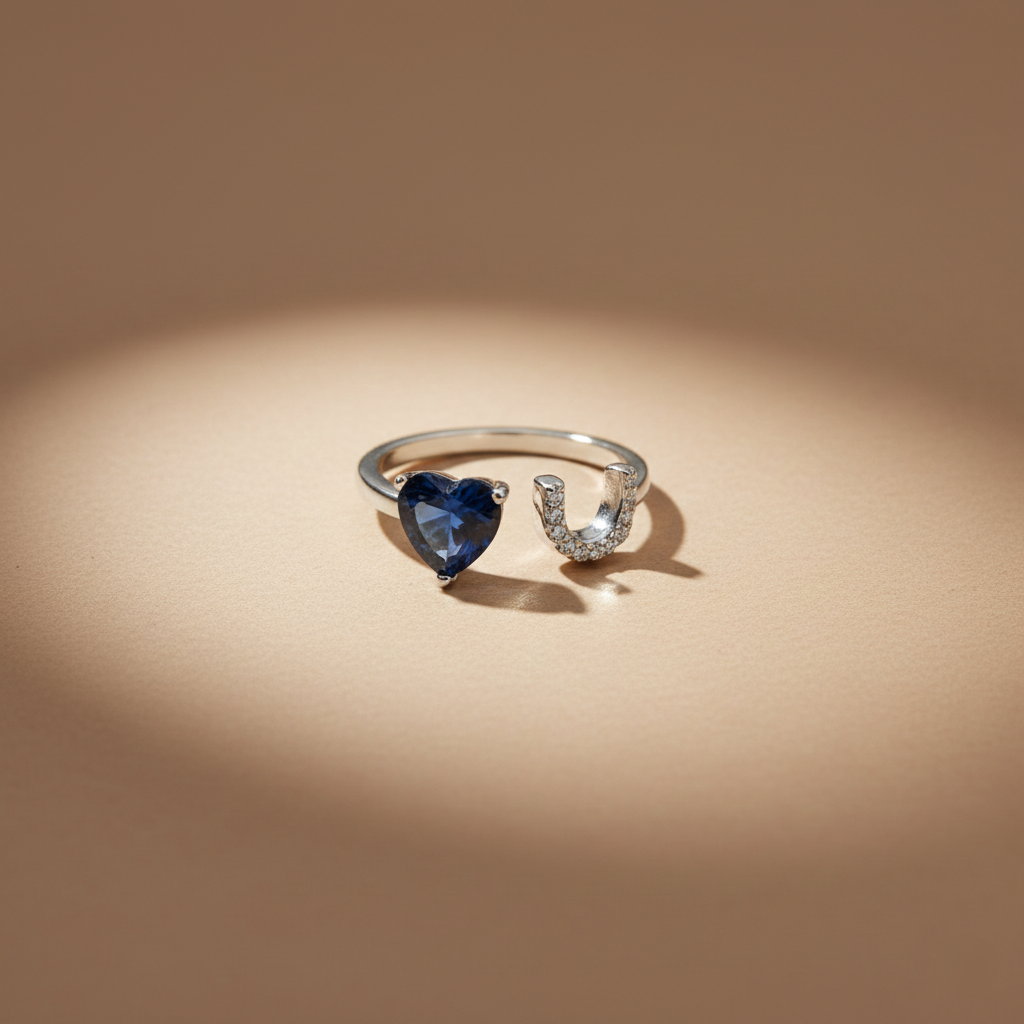 Timeless Elegance: Heart Sapphire & Diamond Horseshoe Open Ring