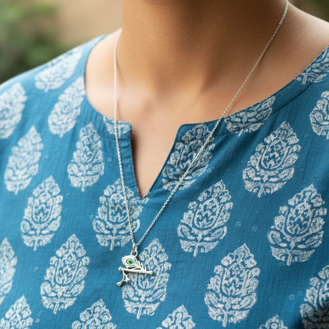 Silver Flute Peacock Feather Pendant.