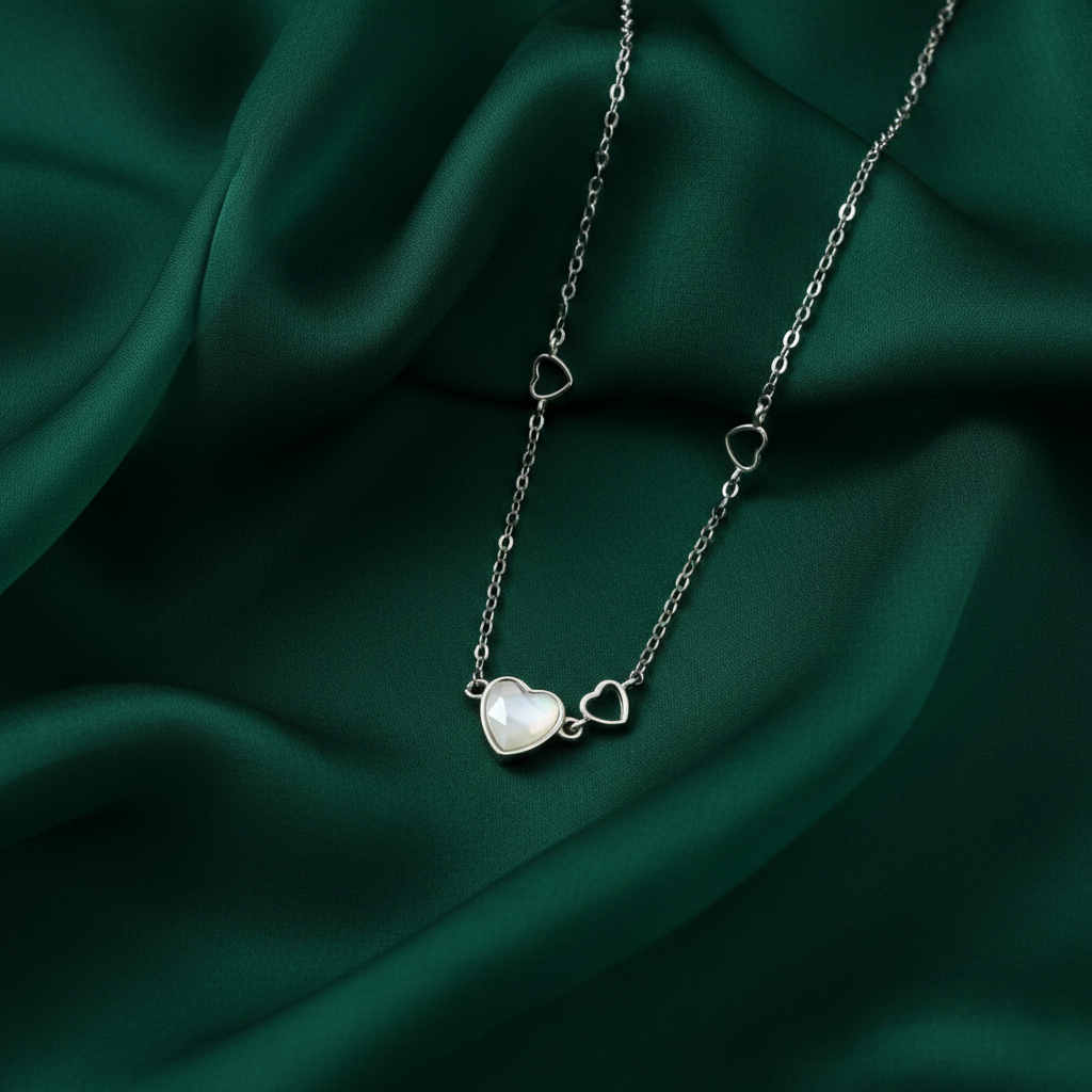 Iridescent Mother of Pearl Heart Station Necklace in Sterling Silver