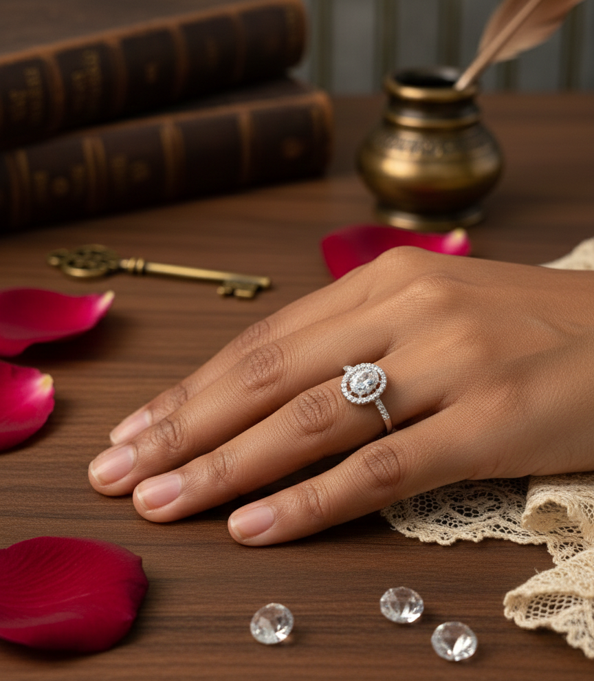 Dazzling Oval Diamond Halo Engagement Ring on a Black Pedestal