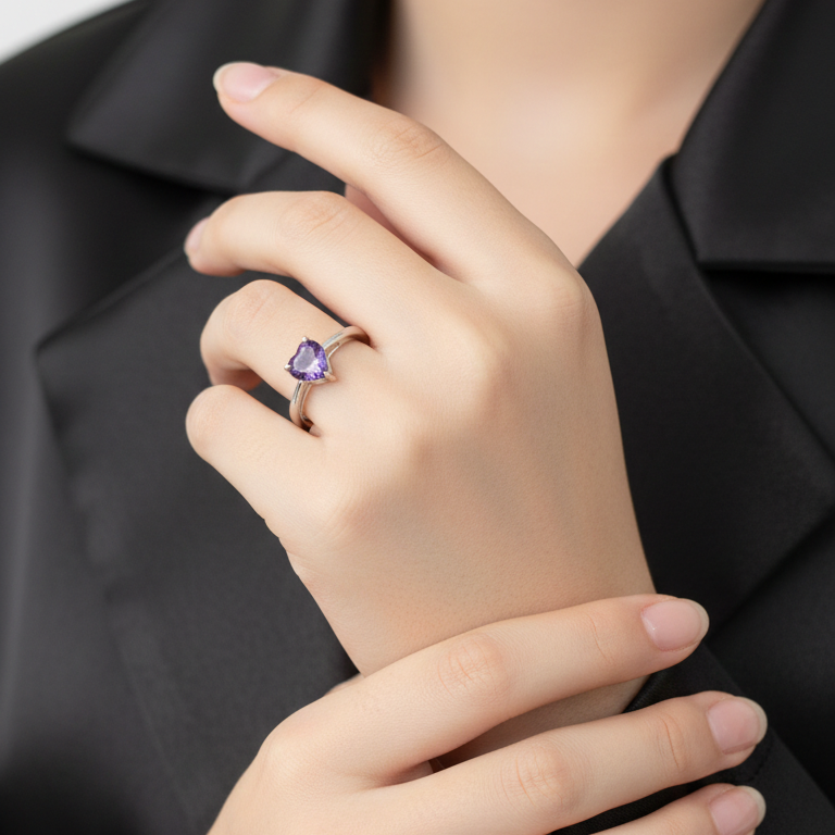 Elegant Heart-Cut Amethyst Silver Solitaire Ring