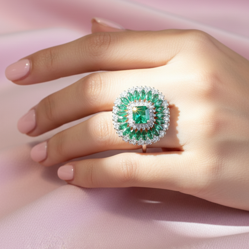 Green Emerald Bloom Diamond Cocktail Ring