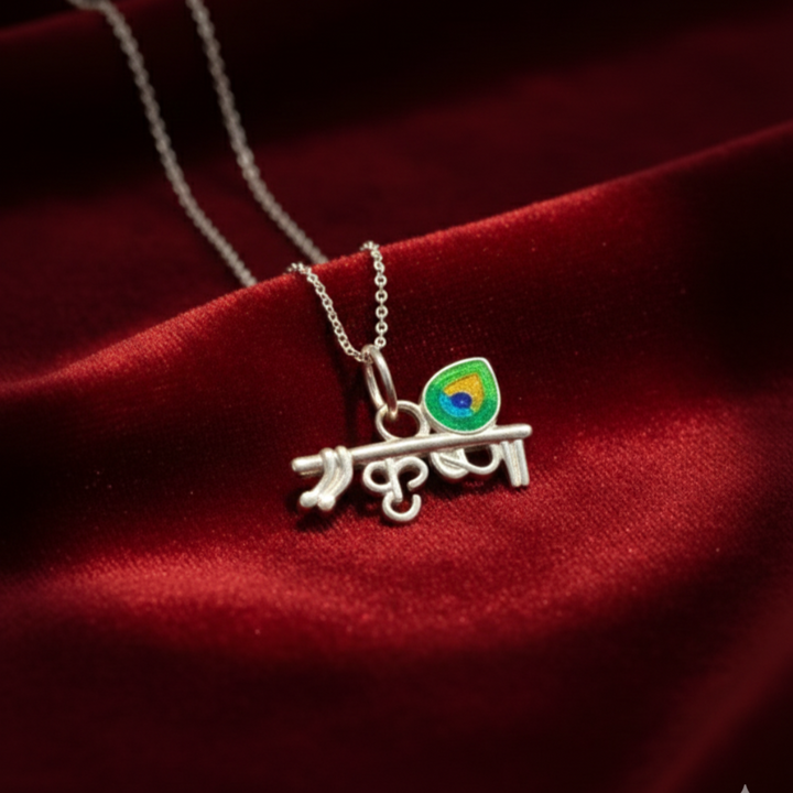 Sterling Silver Krishna Flute and Peacock Feather Devotional Pendant