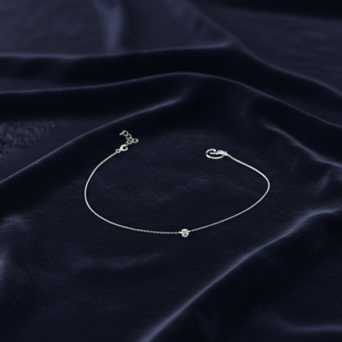 Delicate Sterling Silver Anklet with Single Square Solitaire Charm.