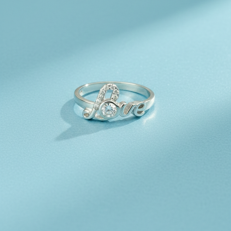 Elegant Silver "Love" Script Ring with Sparkling Cubic Zirconia Accent