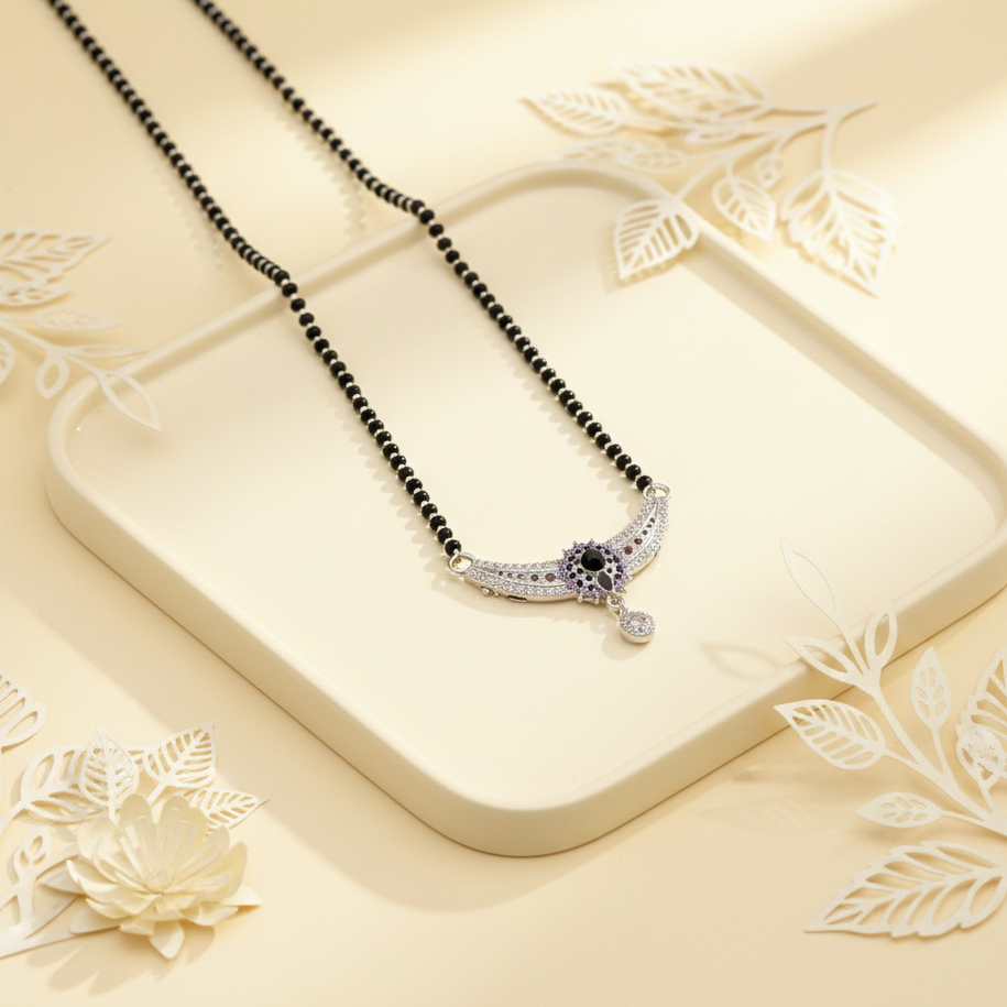 Elegant Silver Floral Mangalsutra with Purple Accents