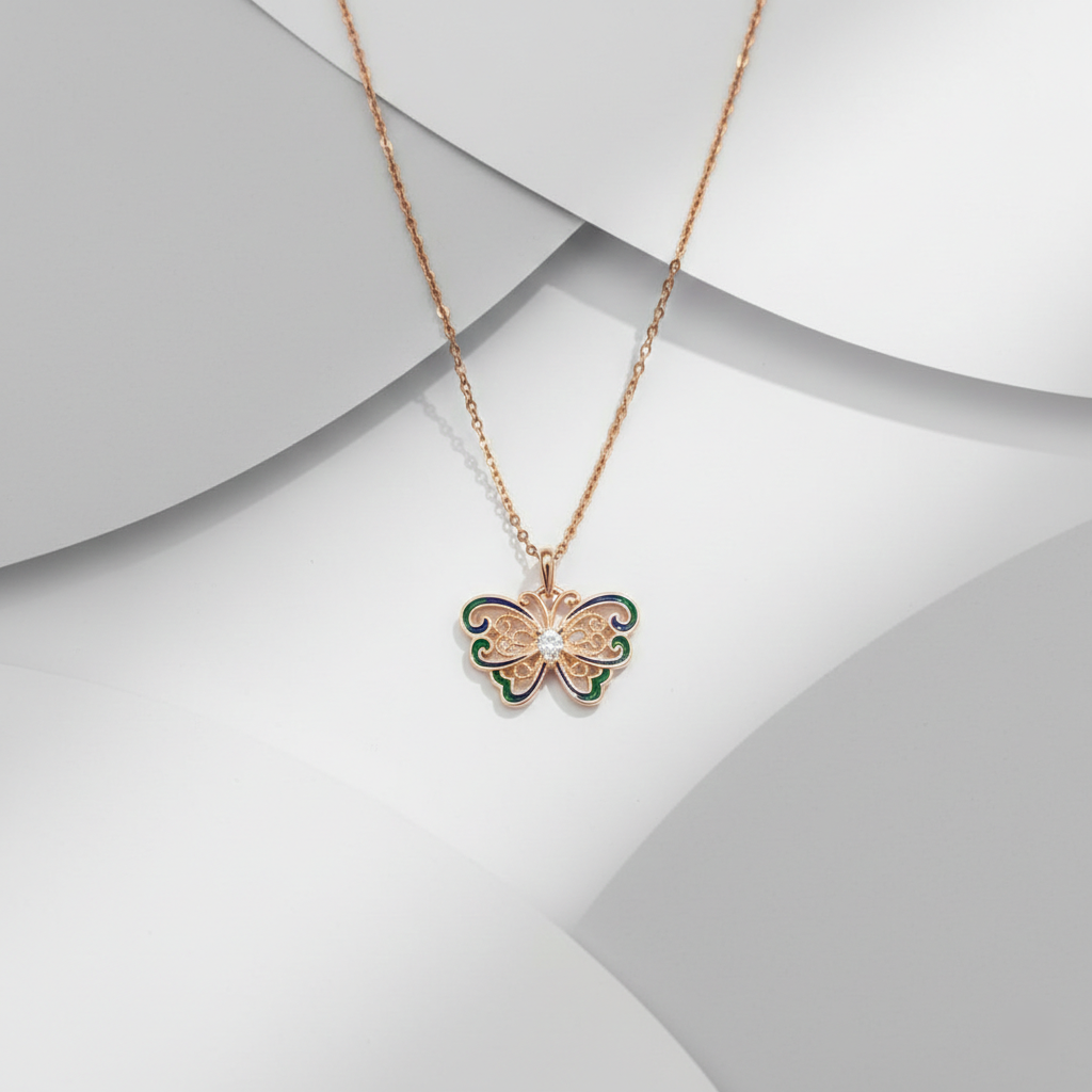 Enchanted Filigree Butterfly Pendant in Rose Gold and Enamel