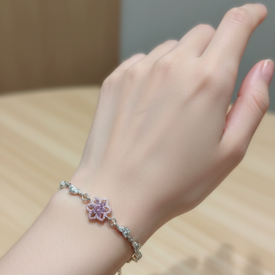 Sparkling Silver Bracelet with Floral Cluster and Filigree Links