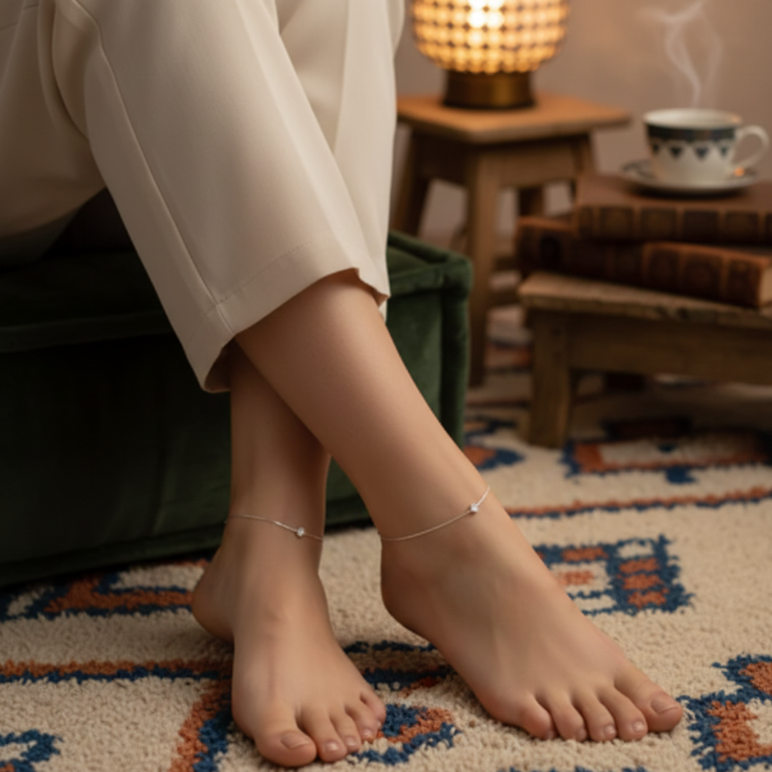 Delicate Sterling Silver Anklet with Single Square Solitaire Charm.