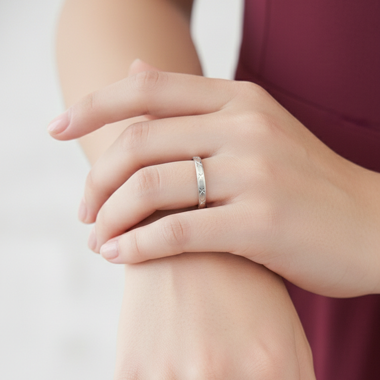 Elegant Silver Textured Band Ring with Cross-Hatch Engraving