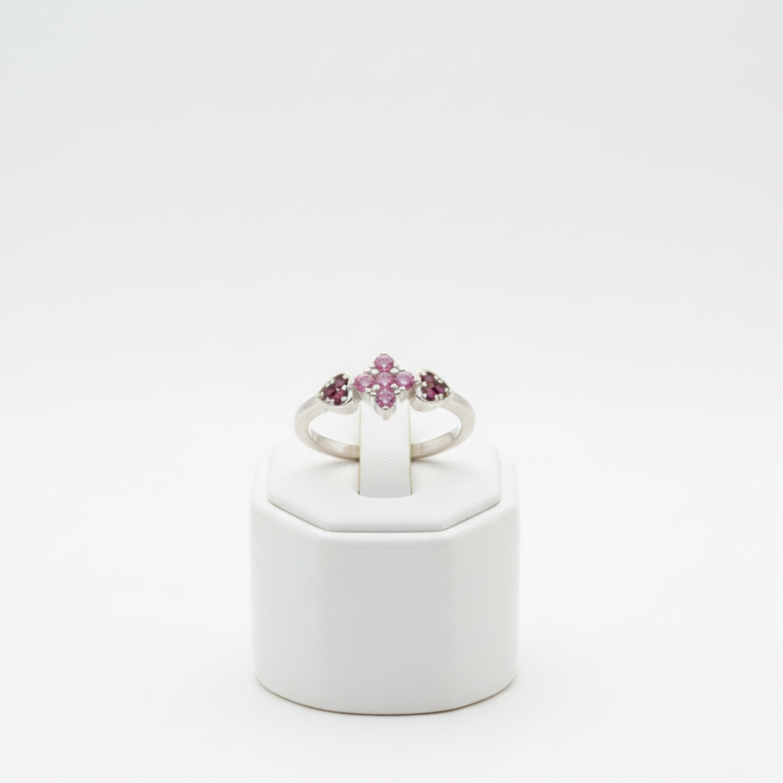 Delicate Silver Bypass Ring with Pink Star and Ruby Heart Gemstone Accents