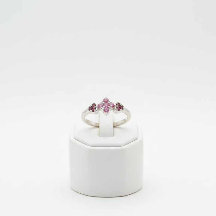 Delicate Silver Bypass Ring with Pink Star and Ruby Heart Gemstone Accents