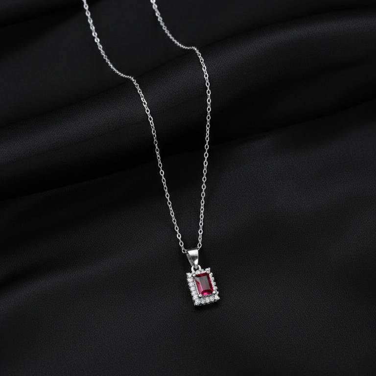 Emerald-Cut Crimson Ruby Halo Pendant in Sterling Silver