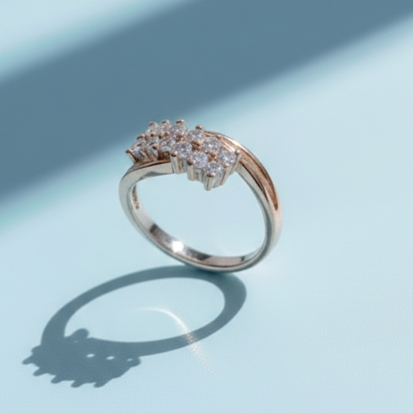 Elegant Two-Tone Diamond Cluster Swirl Ring in Sterling Silver