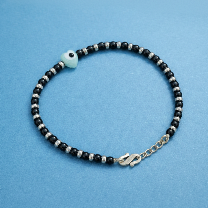 Minimalist Evil Eye Heart & Black Seed Bead Bracelet in Silver