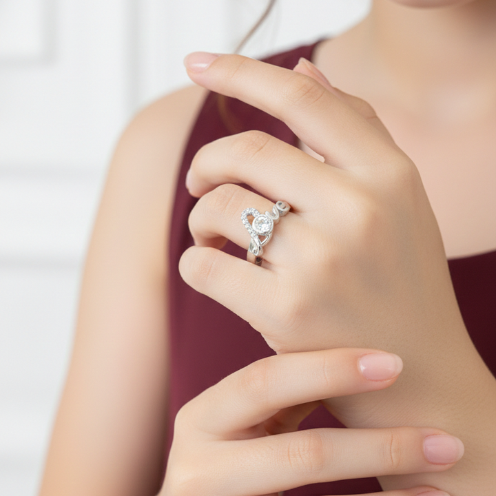 Elegant Silver "Love" Script Ring with Sparkling Cubic Zirconia Accent