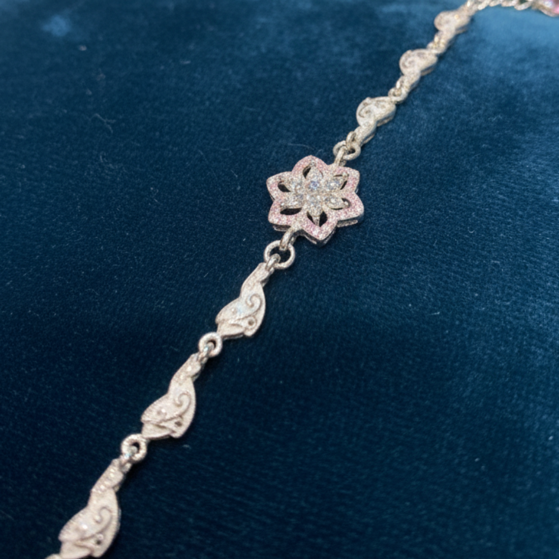 Sparkling Silver Bracelet with Floral Cluster and Filigree Links