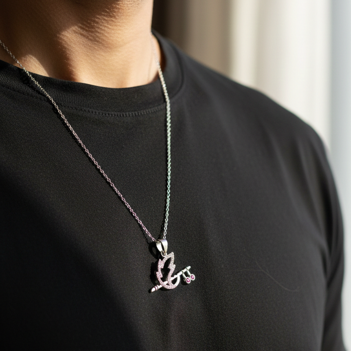 Lord Krishna Inspired Flute and Peacock Feather Silver Pendant