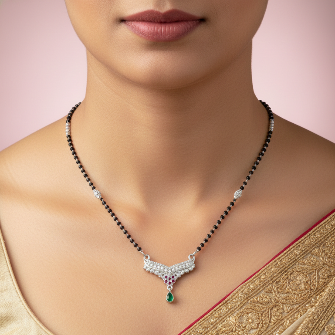 Elegant Diamond Cut Mangalsutra Gem Accents