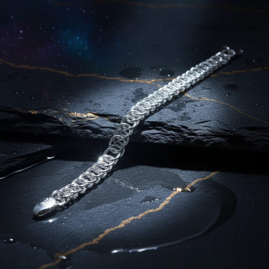 Elegant silver chainmail bracelet on a sunlit wooden surface.