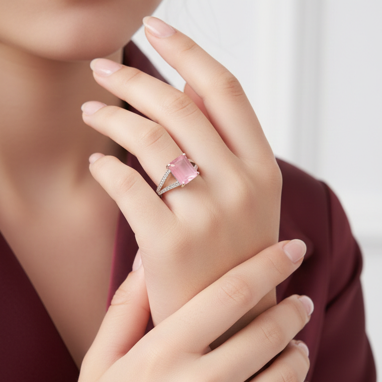 Elegant Rose Quartz Square Cut Silver Ring with Pave Accents