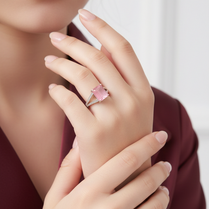 Elegant Rose Quartz Square Cut Silver Ring with Pave Accents