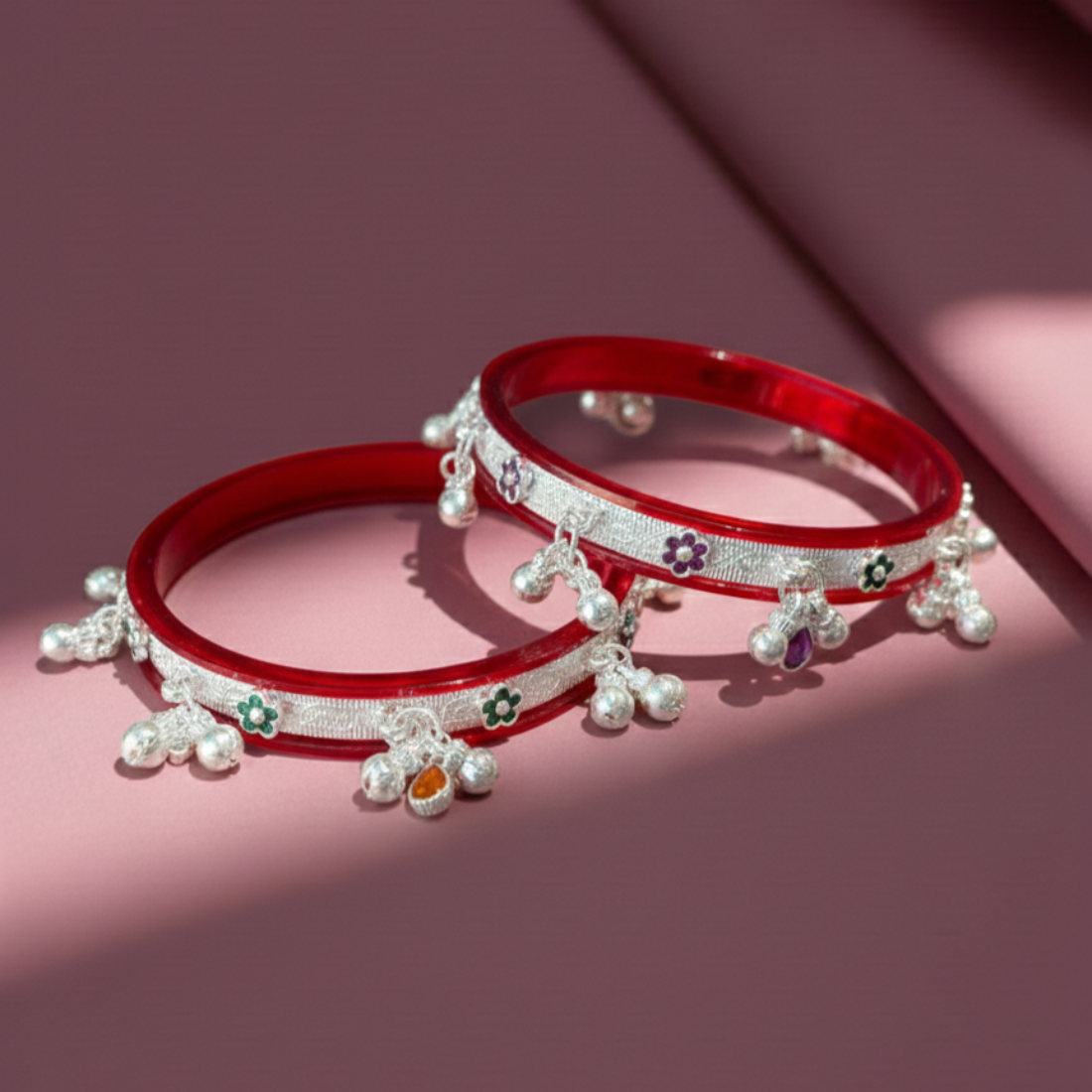 Elegant Red Lacquer Bangles with Silver Charms
