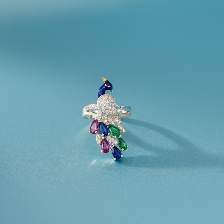 Exquisite Silver Peacock Adjustable Ring with Vibrant Multicolored Gemstones