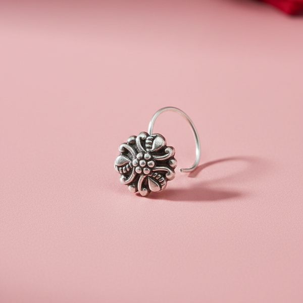Vintage Oxidized Silver Floral Nose Pin - Balaji Jewellers