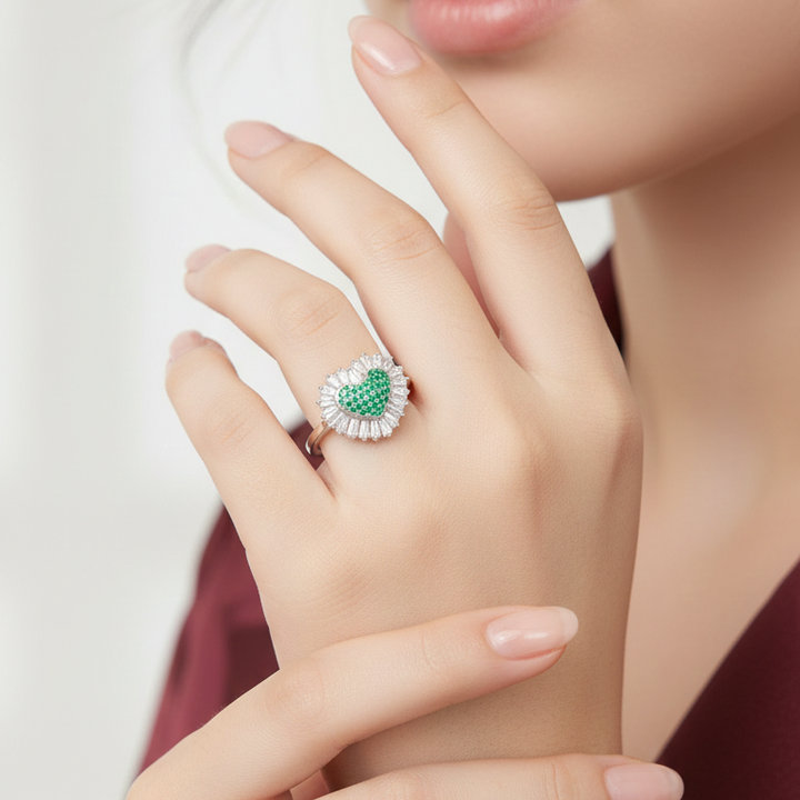 Enchanted Heart: Silver Halo Ring with Green Centerpiece