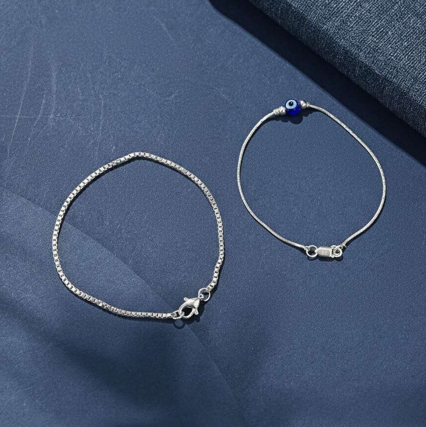 Duo Tone Silver Couple Bracelet Set with Evil Eye Charm