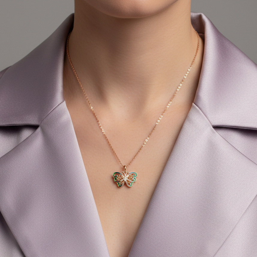 Enchanted Filigree Butterfly Pendant in Rose Gold and Enamel