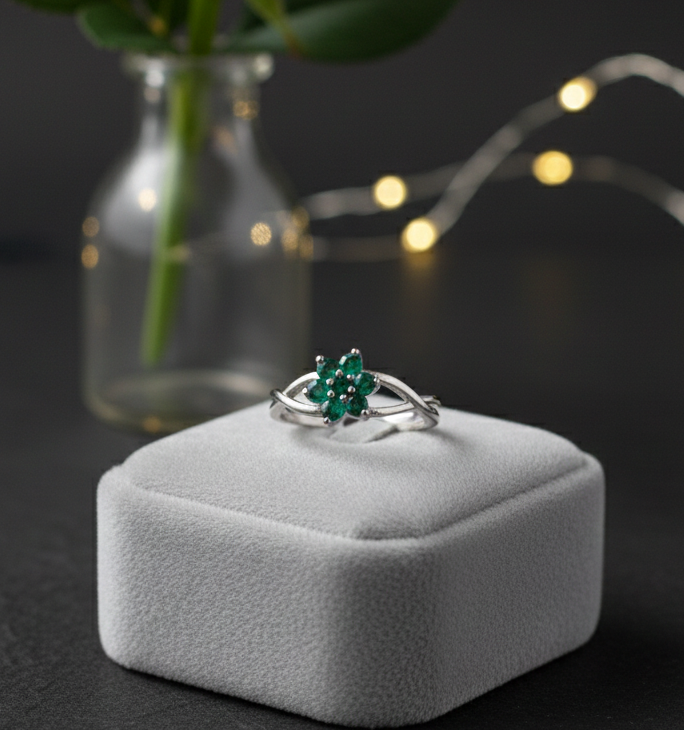 Silver Flower Ring with Braided Band and Green Gemstones